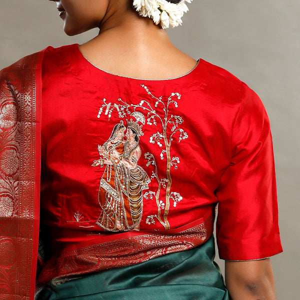 Red Banarasi Silk Blouse with Radha-Krishna Hand-Embellished Motif