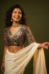 Black Banarasi Blouse with Geometrical Handwork