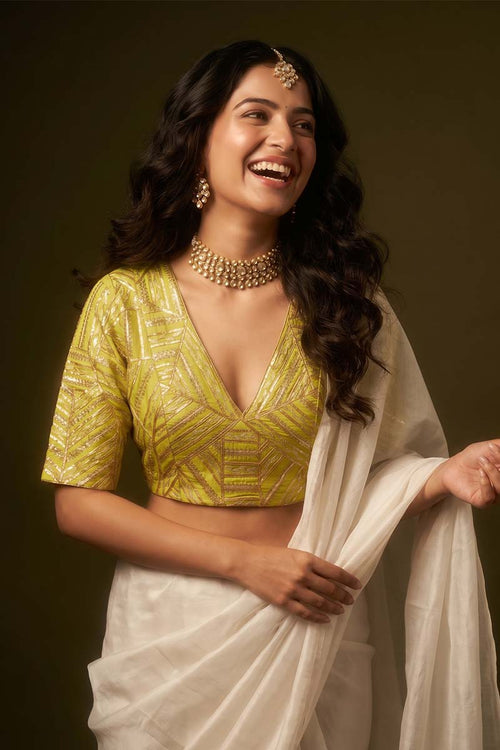 Green Banarasi Blouse with Geometrical Handwork