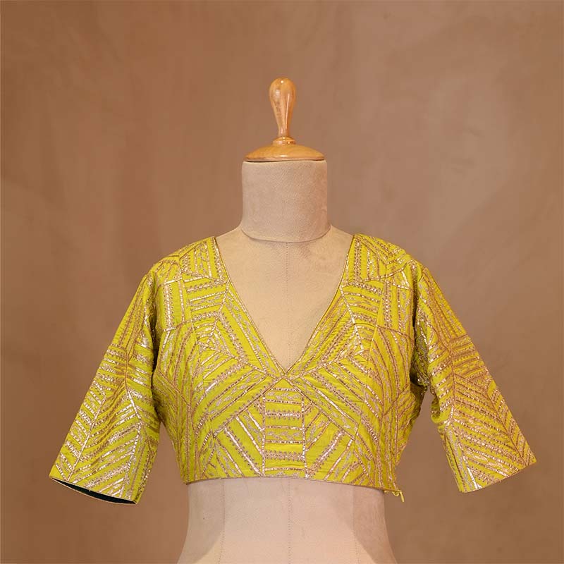 Green Banarasi Blouse with Geometrical Handwork