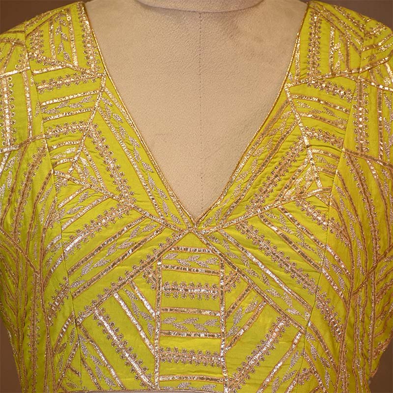 Green Banarasi Blouse with Geometrical Handwork
