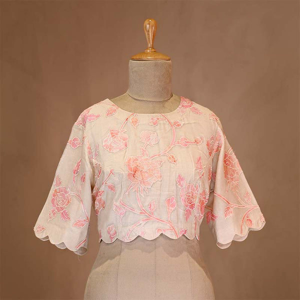 Off-White Organza Silk Blouse with Peach Floral Appliqué Work