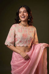 Off-White Organza Silk Blouse with Peach Floral Appliqué Work