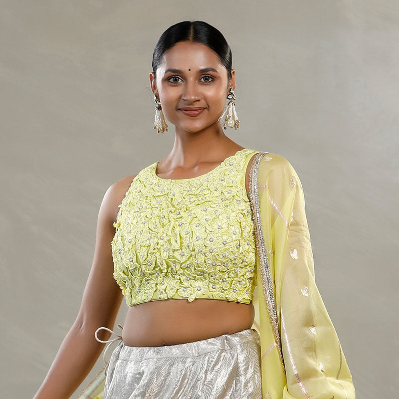 Lime Yellow Silk Sleeveless Blouse with Floral Handwork