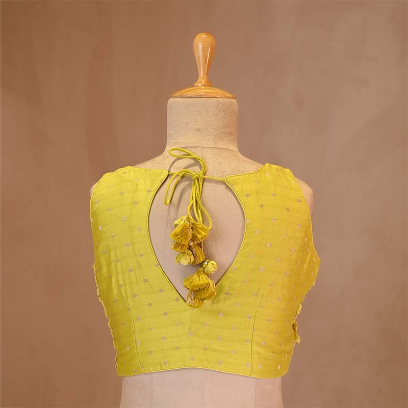 Lime Yellow Silk Sleeveless Blouse with Floral Handwork