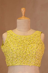 Lime Yellow Silk Sleeveless Blouse with Floral Handwork