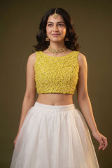Lime Yellow Silk Sleeveless Blouse with Floral Handwork