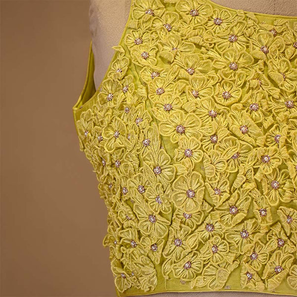 Lime Yellow Silk Sleeveless Blouse with Floral Handwork