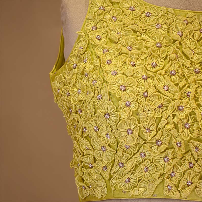 Lime Yellow Silk Sleeveless Blouse with Floral Handwork