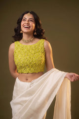 Lime Yellow Silk Sleeveless Blouse with Floral Handwork