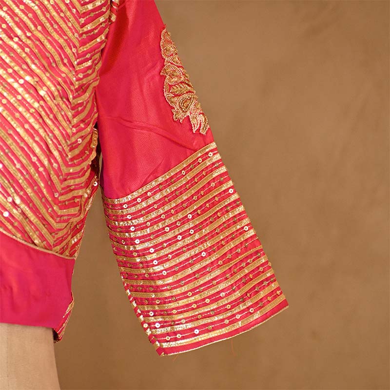 Pink Banarasi Blouse designed with Sequin Aari Work