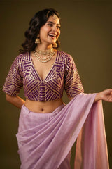 Purple Banarasi Blouse with Geometrical Handwork