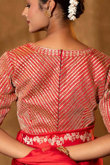 Red Katan Silk Banarasi Blouse with Gota Patti and Cutdana Stripes
