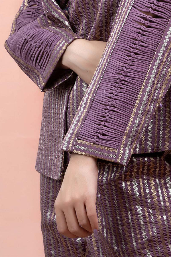 Deep Mauve Striped Woven Banarasi Silk Blazer Set - Chinaya Banaras