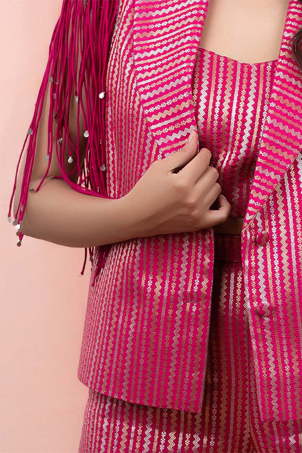 Magenta Pink Striped Woven Banarasi Silk Blazer Set - Chinaya Banaras