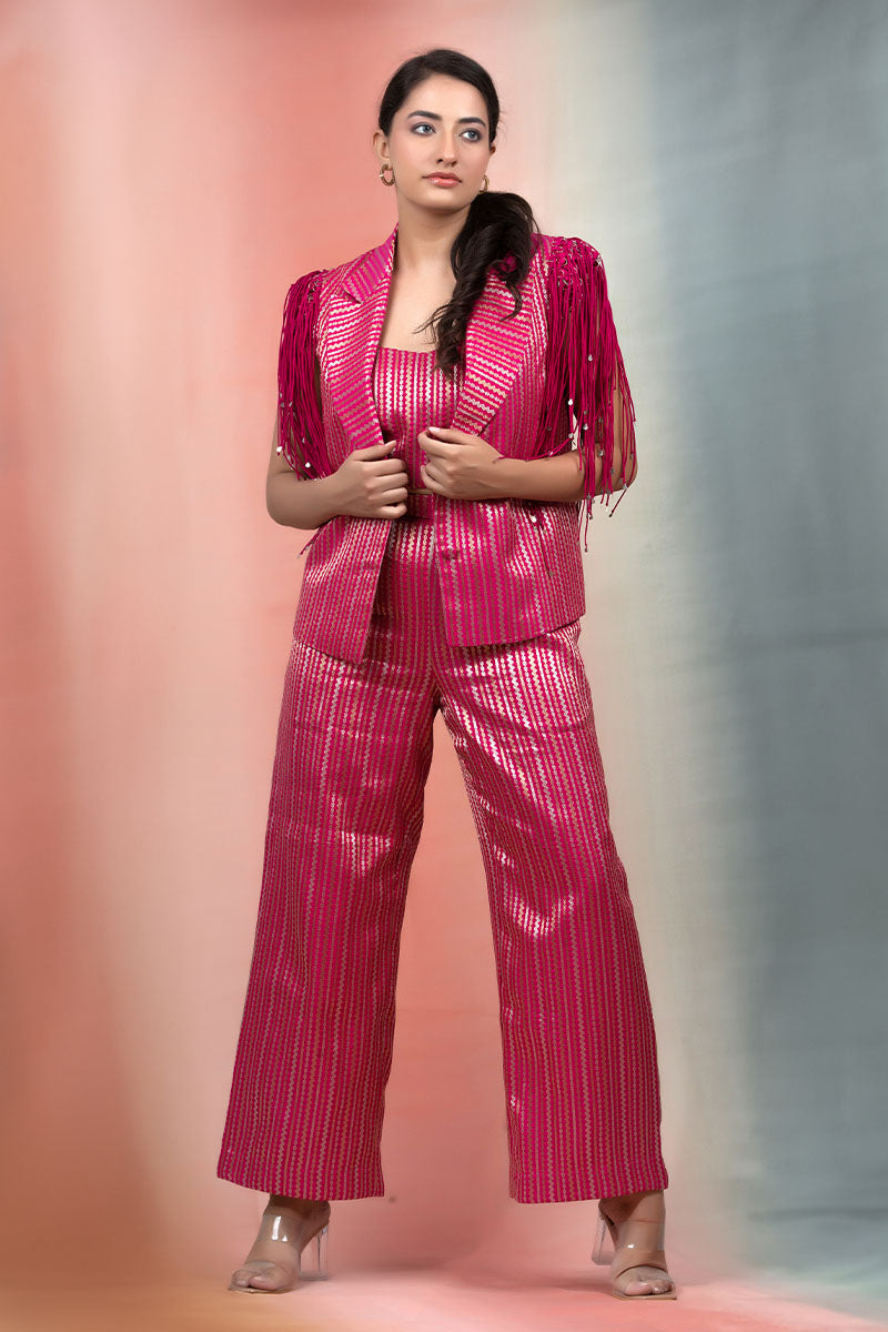 Magenta Pink Striped Woven Banarasi Silk Blazer Set