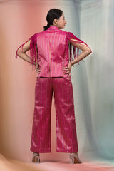 Magenta Pink Striped Woven Banarasi Silk Blazer Set
