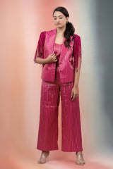 Magenta Pink Striped Woven Banarasi Silk Blazer Set - Chinaya Banaras