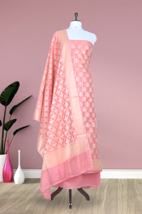 Pink Woven Chanderi Silk Dress Material at Chinaya Banaras