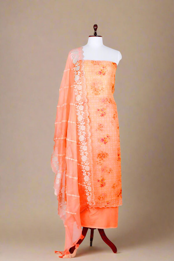 Peach Floral Printed Organza Silk Dress Material - Chinaya Banaras