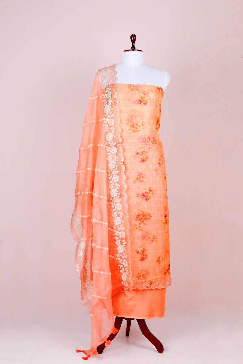 Peach Floral Printed Organza Silk Dress Material - Chinaya Banaras