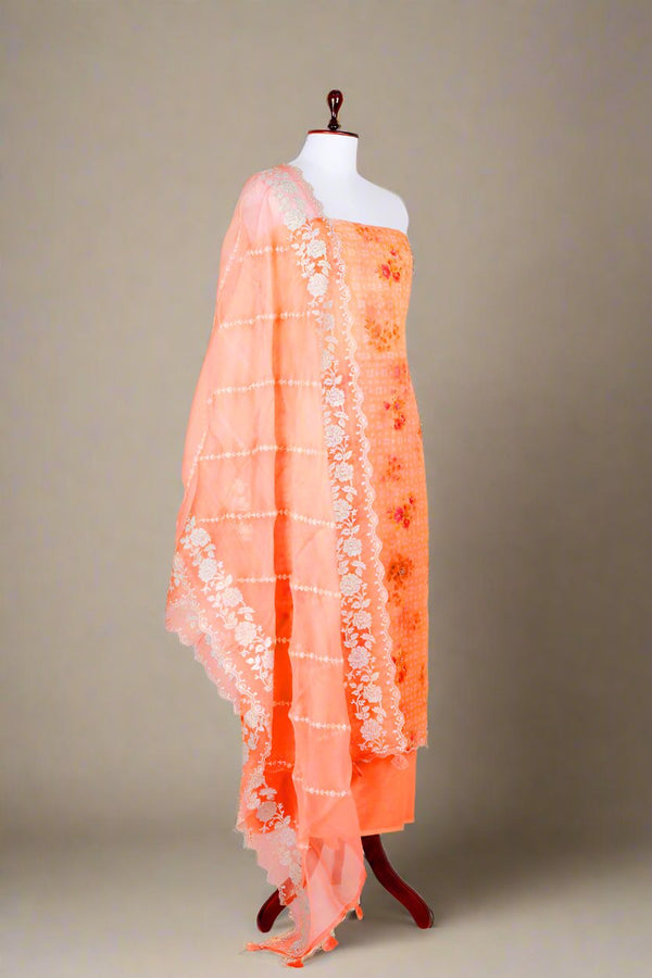 Peach Floral Printed Organza Silk Dress Material - Chinaya Banaras