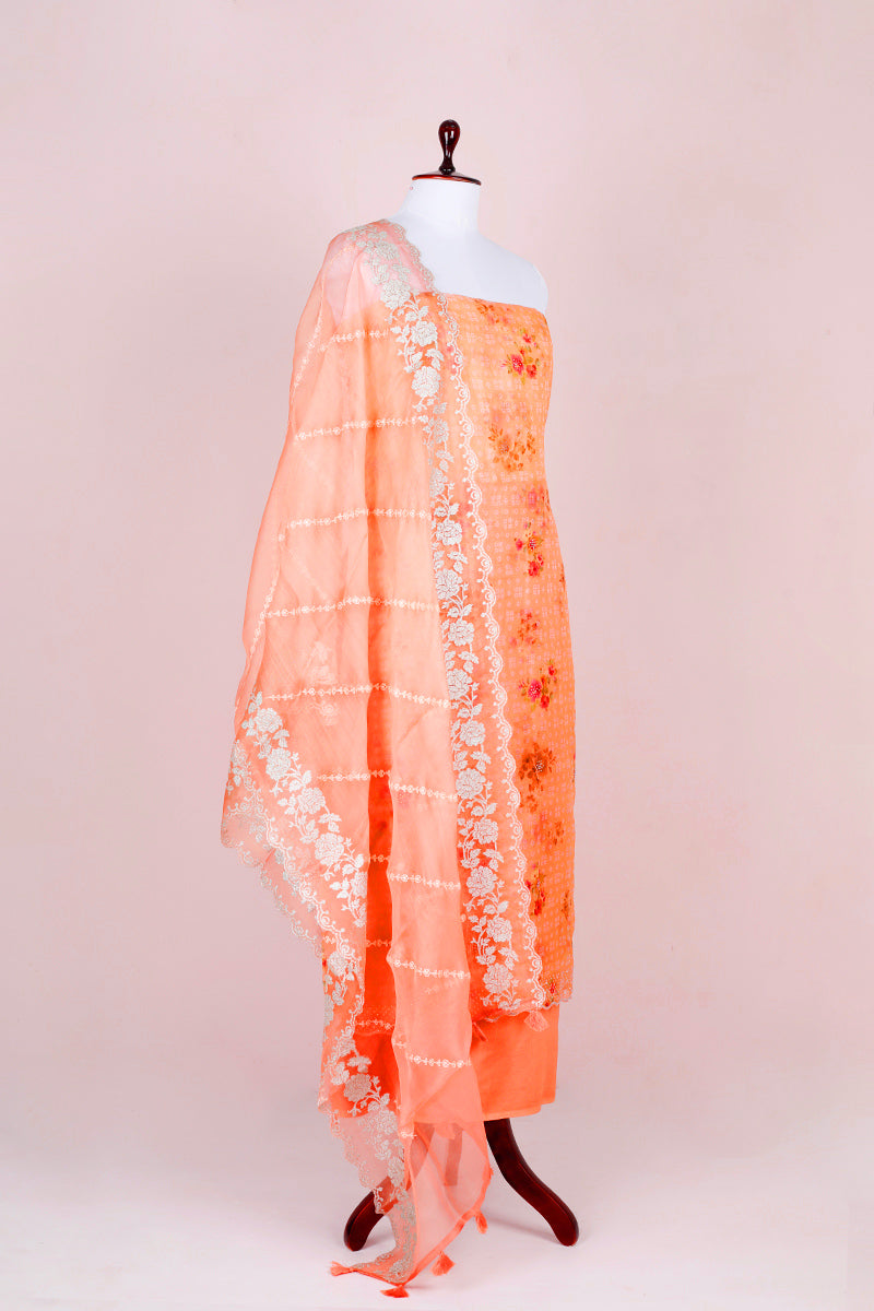 Peach Floral Printed Organza Silk Dress Material - Chinaya Banaras