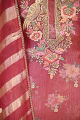 Rust Tissue Silk Unstitched Suit Set with Floral Print