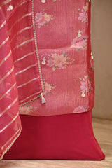 Rust Tissue Silk Unstitched Suit Set with Floral Print