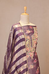 Purple Tissue Silk Three Piece Suit Set with Floral Print
