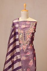 Purple Tissue Silk Three Piece Suit Set with Floral Print