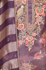 Purple Tissue Silk Three Piece Suit Set with Floral Print