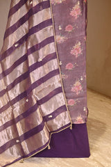 Purple Tissue Silk Three Piece Suit Set with Floral Print