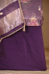 Purple Tissue Silk Three Piece Suit Set with Floral Print