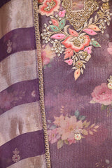 Purple Tissue Silk Three Piece Suit Set with Floral Print