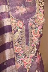 Purple Tissue Silk Three Piece Suit Set with Floral Print
