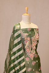 Bottle Green Raw Silk Three Piece Suit Set with Floral Print