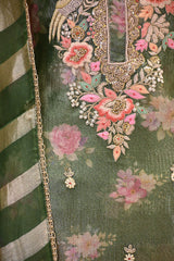 Bottle Green Raw Silk Three Piece Suit Set with Floral Print