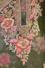 Bottle Green Raw Silk Three Piece Suit Set with Floral Print