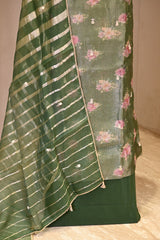 Bottle Green Raw Silk Three Piece Suit Set with Floral Print