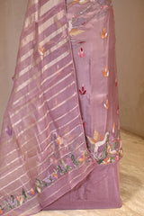 Mauve Embroidered Organza Silk Suit Set with Tissue Dupatta