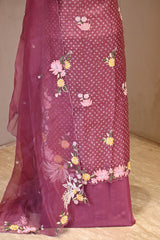 Magenta Embroidered Bandhani Organza Silk Suit Set with Dupatta