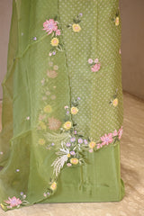 Light Green Embroidered Bandhani Organza Silk Suit Set with Organza Dupatta