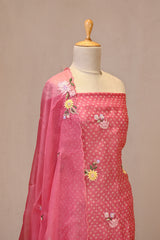 Pink Organza Silk Three Piece Suit Set with Floral Embroidery
