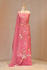 Pink Organza Silk Three Piece Suit Set with Floral Embroidery