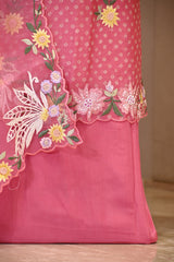 Pink Organza Silk Three Piece Suit Set with Floral Embroidery