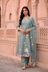 Sky Blue Organza Silk Unstitched Suit Set with Floral Embroidery