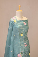 Sky Blue Organza Silk Three Piece Suit Set with Floral Embroidery
