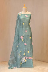 Sky Blue Organza Silk Three Piece Suit Set with Floral Embroidery