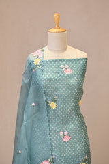 Sky Blue Organza Silk Three Piece Suit Set with Floral Embroidery